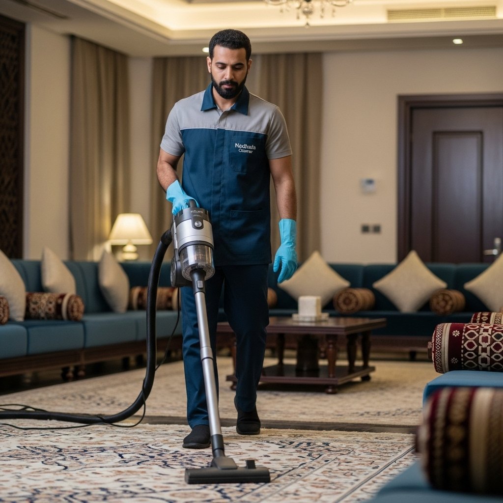 Nadhafa Cleaner using vacuum on carpet in Riyadh living room.