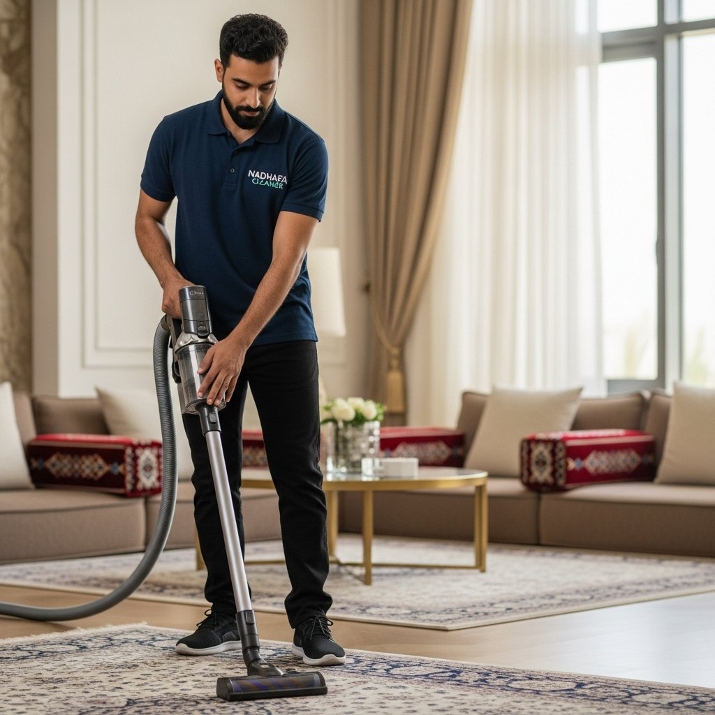 Nadhafa Cleaner expert vacuuming living room for home cleaning services.