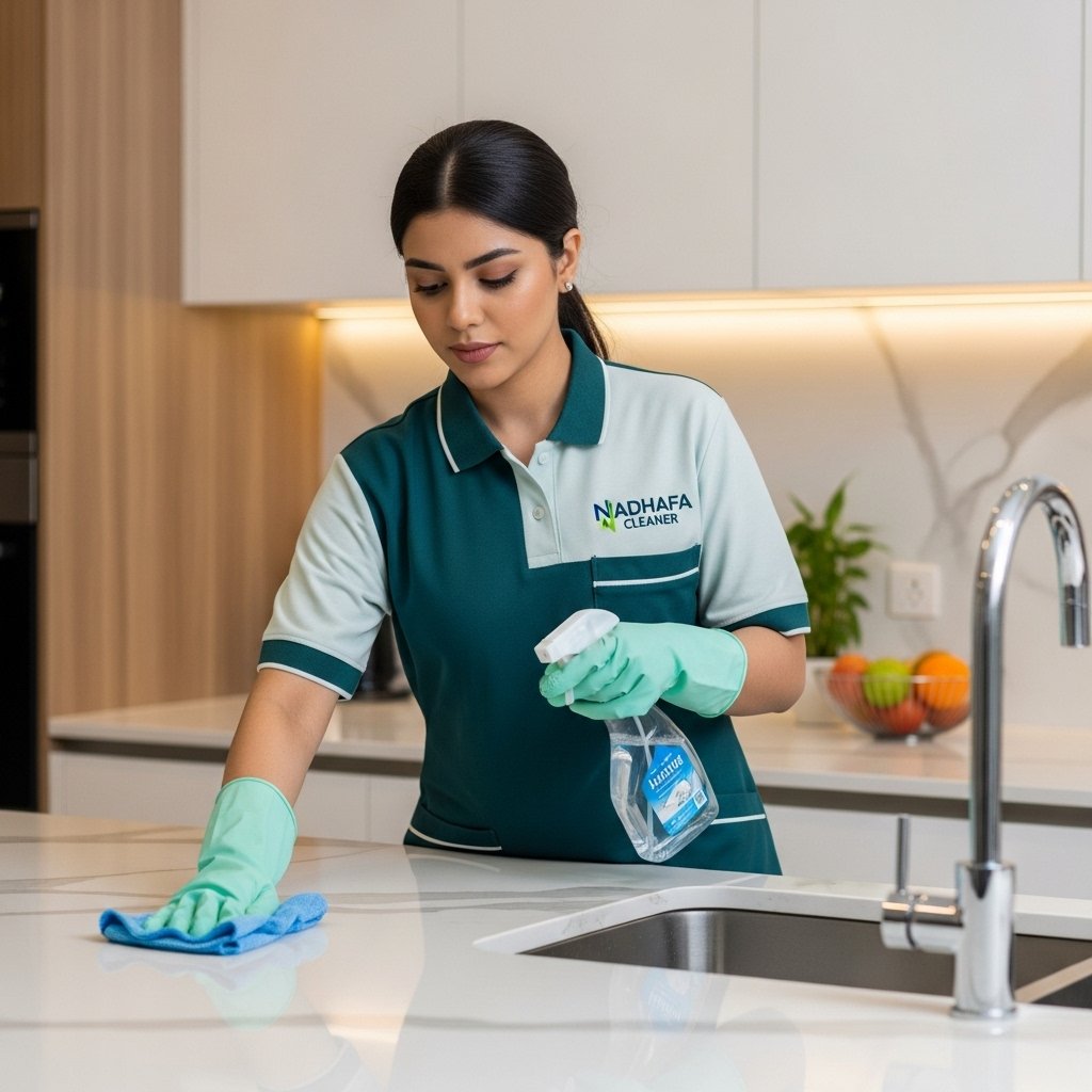 Nadhafa Cleaner professional cleaning kitchen in Riyadh home.