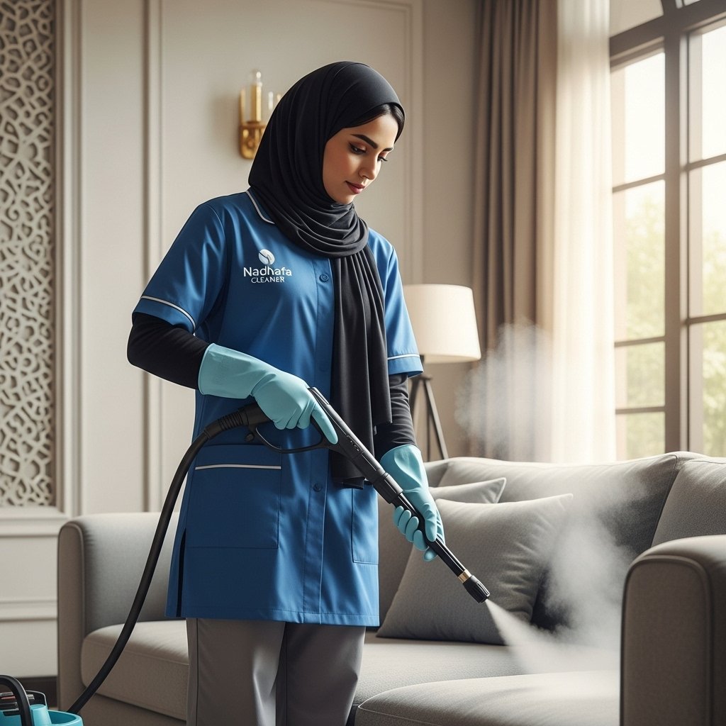 Saudi female cleaner performing sofa steam sanitization for a healthy environment in a Riyadh home.