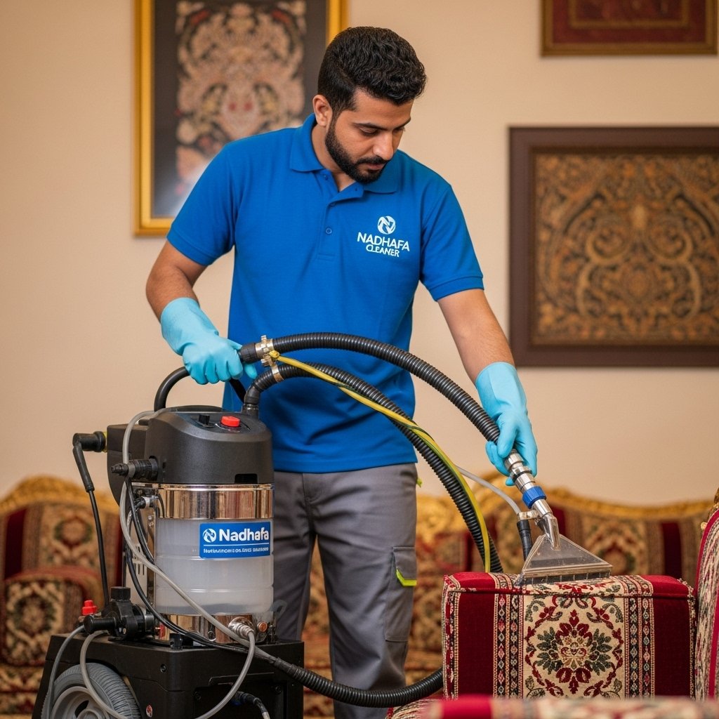 Saudi male cleaner deep cleaning upholstery with an advanced machine in a traditional Riyadh home.